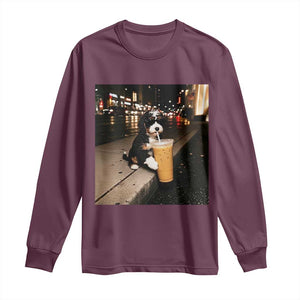 Bernedoodle Dog Drinking Iced Coffee Long Sleeve Shirt Funny Coffee Lover Gift for Dog Moms Dads TS10 Maroon Print Your Wear