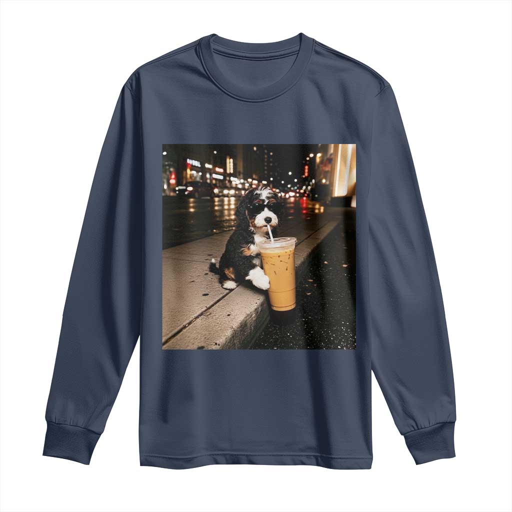 Bernedoodle Dog Drinking Iced Coffee Long Sleeve Shirt Funny Coffee Lover Gift for Dog Moms Dads TS10 Navy Print Your Wear