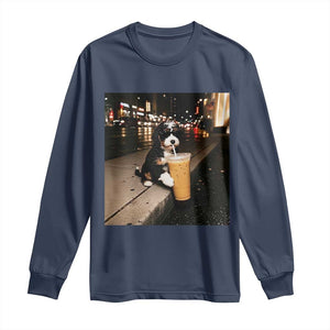 Bernedoodle Dog Drinking Iced Coffee Long Sleeve Shirt Funny Coffee Lover Gift for Dog Moms Dads TS10 Navy Print Your Wear