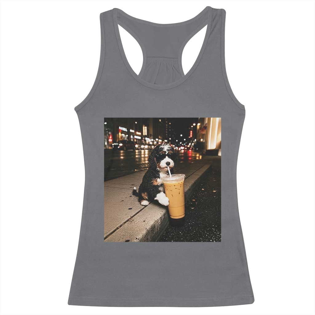 Bernedoodle Dog Drinking Iced Coffee Racerback Tank Top Funny Coffee Lover Gift for Dog Moms Dads TS10 Charcoal Print Your Wear