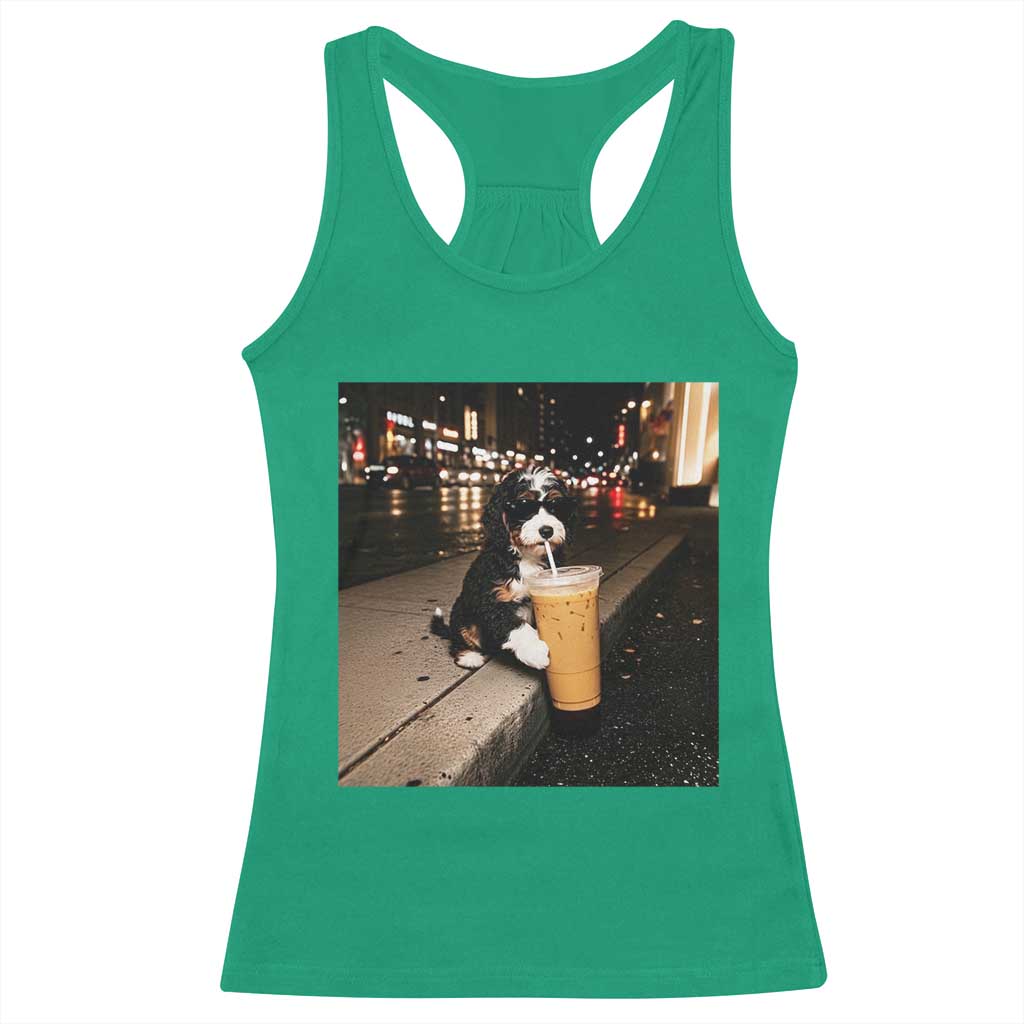Bernedoodle Dog Drinking Iced Coffee Racerback Tank Top Funny Coffee Lover Gift for Dog Moms Dads TS10 Irish Green Print Your Wear