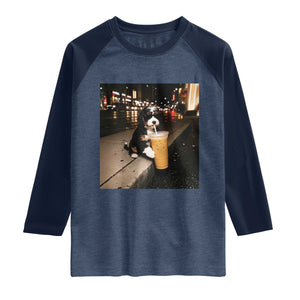 Bernedoodle Dog Drinking Iced Coffee Raglan Shirt Funny Coffee Lover Gift for Dog Moms Dads TS10 Heather Denim Navy Print Your Wear