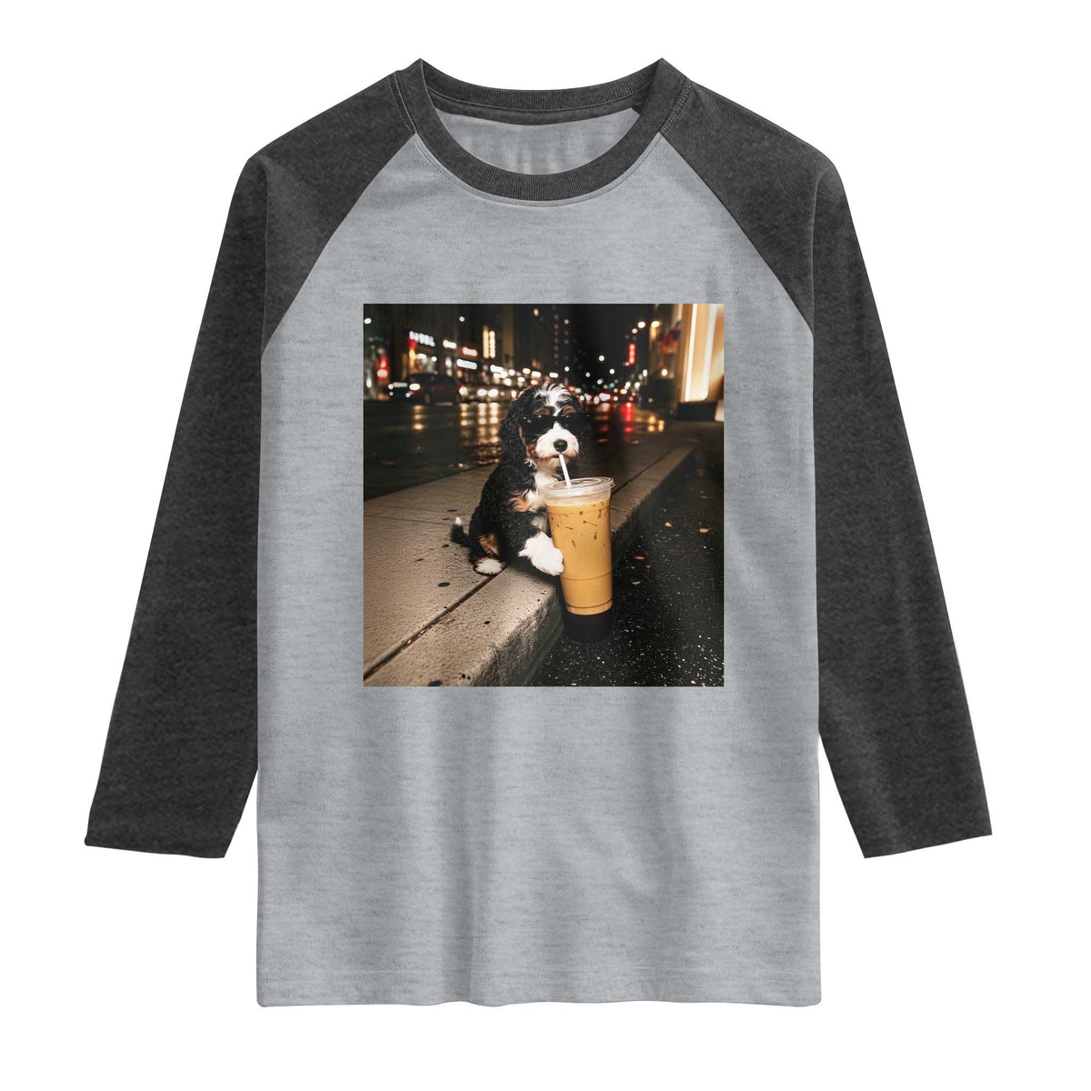 Bernedoodle Dog Drinking Iced Coffee Raglan Shirt Funny Coffee Lover Gift for Dog Moms Dads TS10 Heather Gray Heather Charcoal Print Your Wear