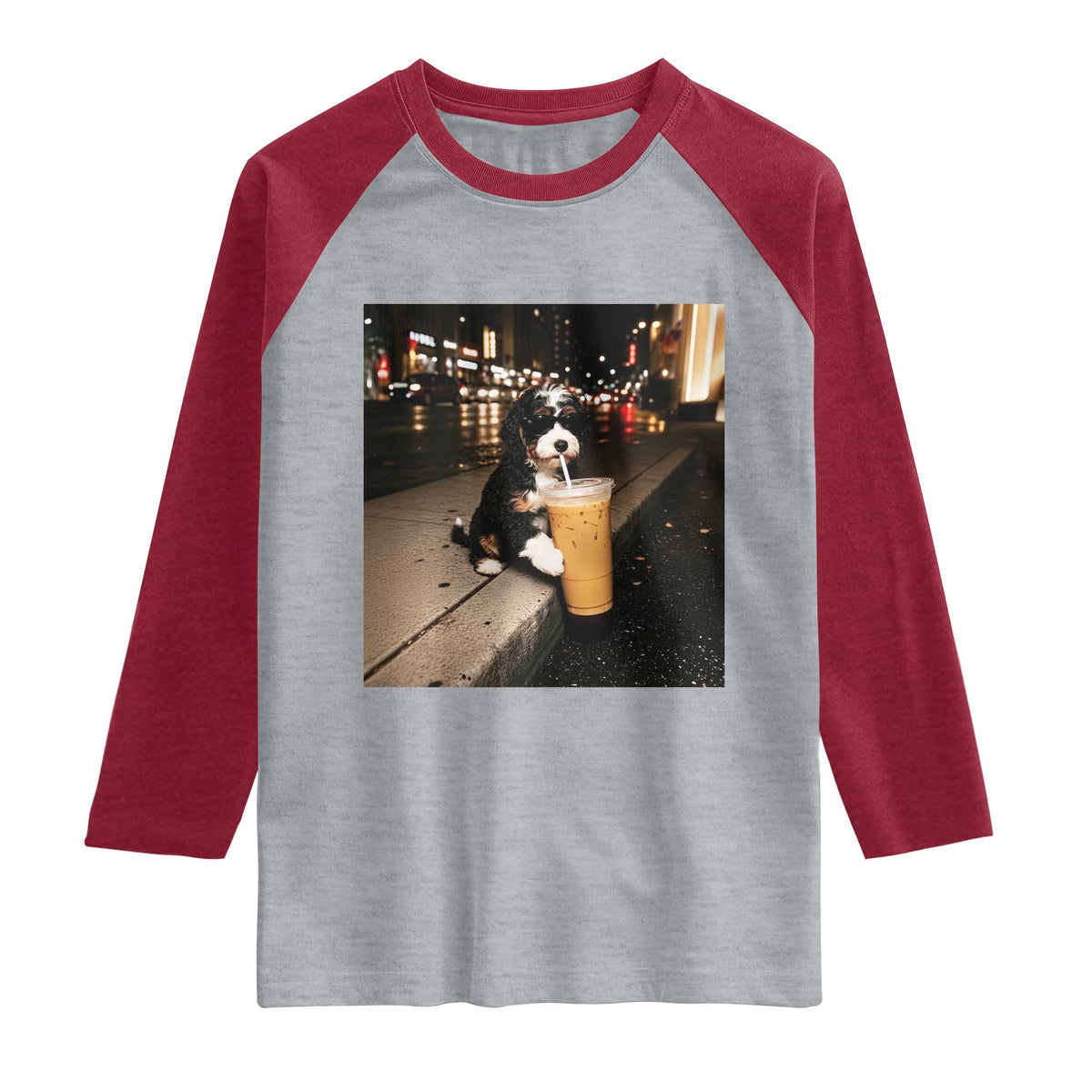Bernedoodle Dog Drinking Iced Coffee Raglan Shirt Funny Coffee Lover Gift for Dog Moms Dads TS10 Heather Gray Heather Red Print Your Wear