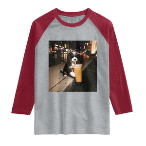 Bernedoodle Dog Drinking Iced Coffee Raglan Shirt Funny Coffee Lover Gift for Dog Moms Dads TS10 Heather Gray Heather Red Print Your Wear