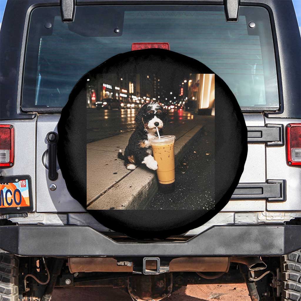 Bernedoodle Dog Drinking Iced Coffee Spare Tire Cover Funny Coffee Lover Gift for Dog Moms Dads TS10 No hole Black Print Your Wear