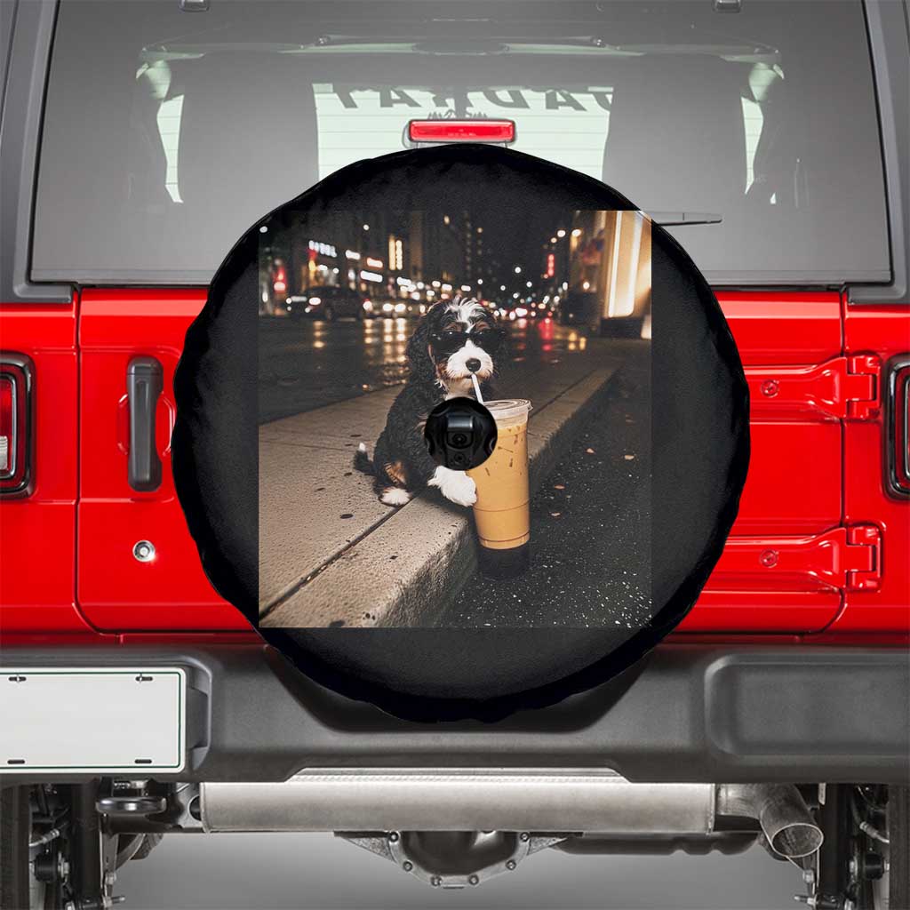Bernedoodle Dog Drinking Iced Coffee Spare Tire Cover Funny Coffee Lover Gift for Dog Moms Dads TS10 Black Print Your Wear