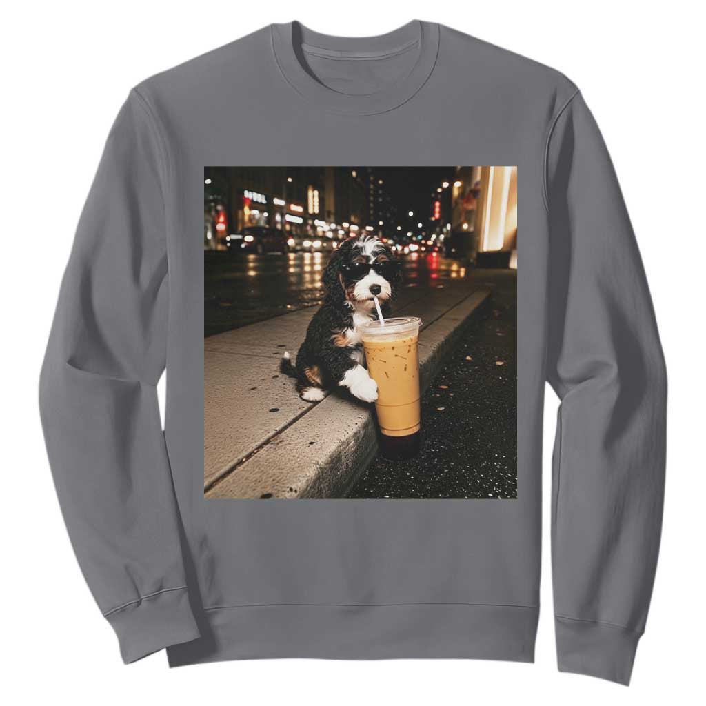Bernedoodle Dog Drinking Iced Coffee Sweatshirt Funny Coffee Lover Gift for Dog Moms Dads TS10 Charcoal Print Your Wear
