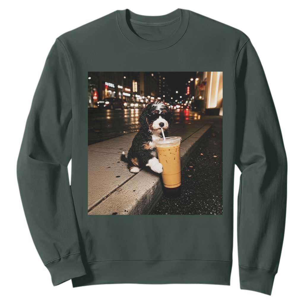 Bernedoodle Dog Drinking Iced Coffee Sweatshirt Funny Coffee Lover Gift for Dog Moms Dads TS10 Dark Forest Green Print Your Wear