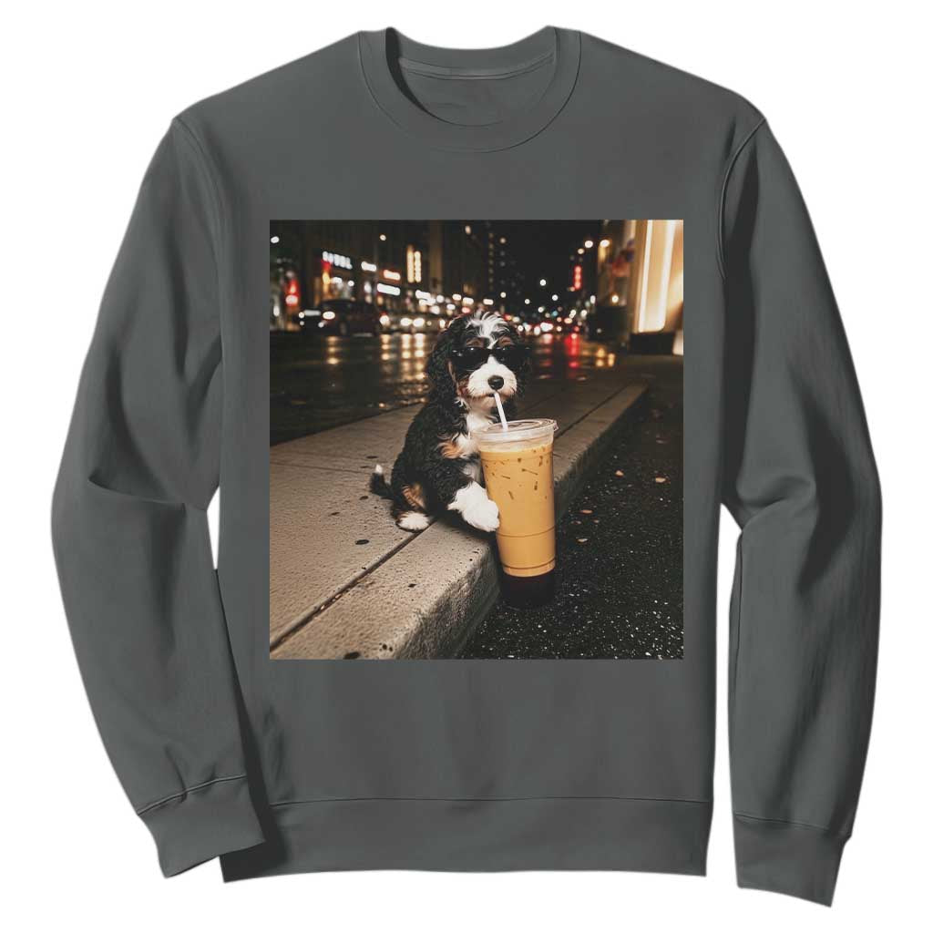 Bernedoodle Dog Drinking Iced Coffee Sweatshirt Funny Coffee Lover Gift for Dog Moms Dads TS10 Dark Heather Print Your Wear