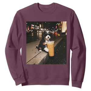 Bernedoodle Dog Drinking Iced Coffee Sweatshirt Funny Coffee Lover Gift for Dog Moms Dads TS10 Maroon Print Your Wear