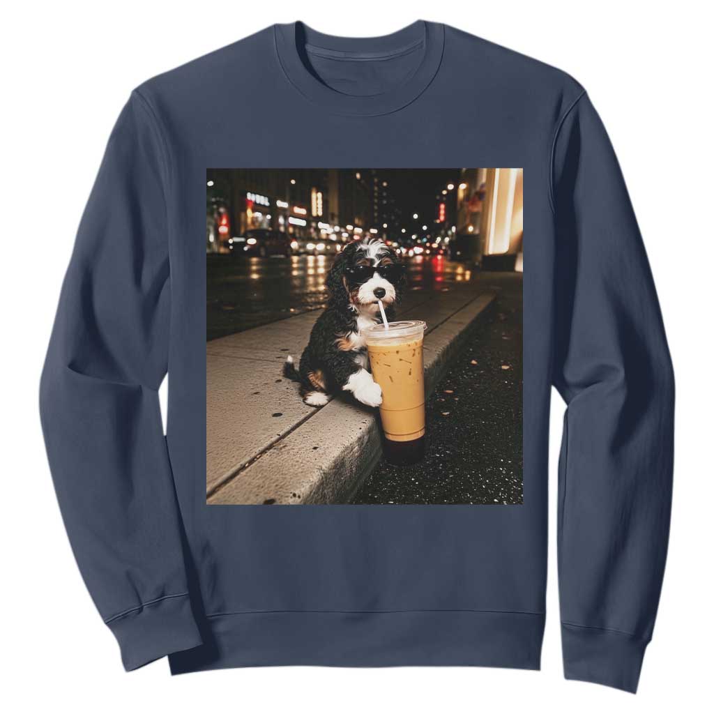 Bernedoodle Dog Drinking Iced Coffee Sweatshirt Funny Coffee Lover Gift for Dog Moms Dads TS10 Navy Print Your Wear