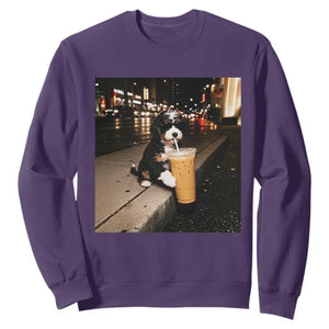 Bernedoodle Dog Drinking Iced Coffee Sweatshirt Funny Coffee Lover Gift for Dog Moms Dads TS10 S Purple Print Your Wear