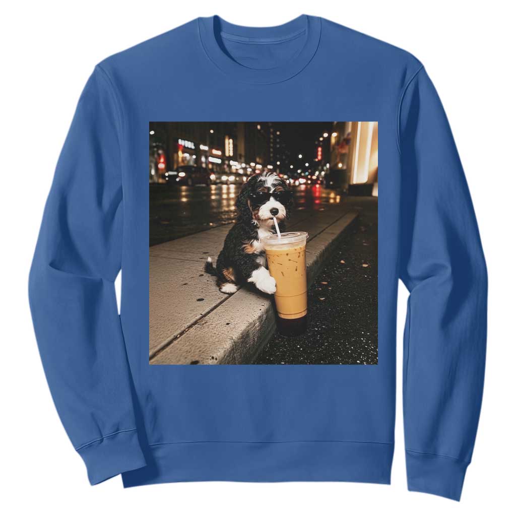 Bernedoodle Dog Drinking Iced Coffee Sweatshirt Funny Coffee Lover Gift for Dog Moms Dads TS10 Royal Blue Print Your Wear