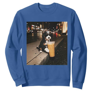Bernedoodle Dog Drinking Iced Coffee Sweatshirt Funny Coffee Lover Gift for Dog Moms Dads TS10 Royal Blue Print Your Wear