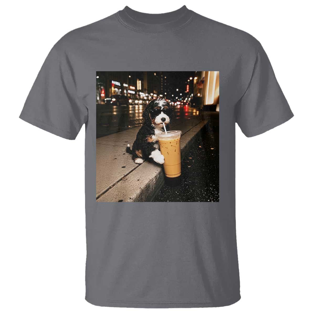 Bernedoodle Dog Drinking Iced Coffee T Shirt Funny Coffee Lover Gift for Dog Moms Dads TS10 Charcoal Print Your Wear