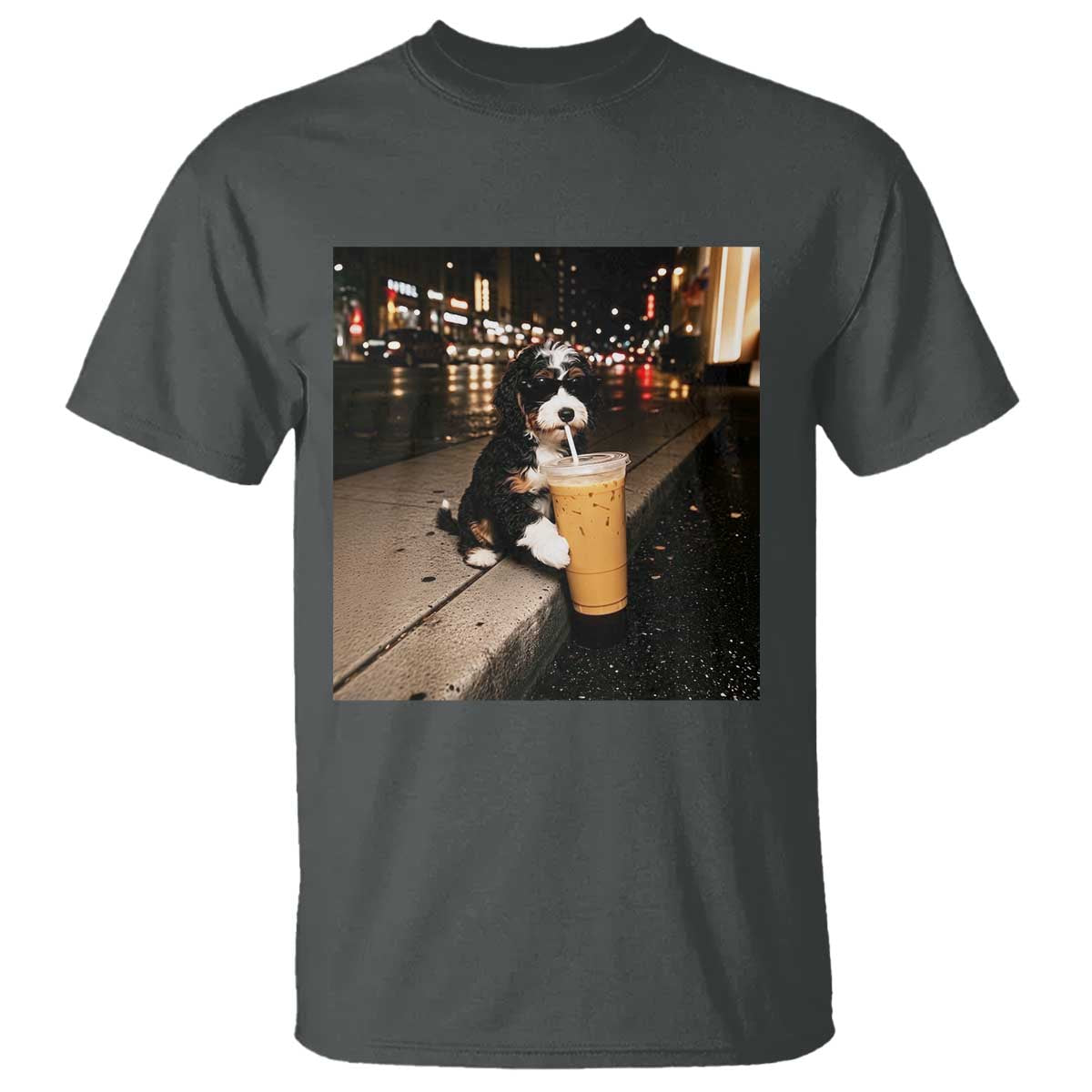 Bernedoodle Dog Drinking Iced Coffee T Shirt Funny Coffee Lover Gift for Dog Moms Dads TS10 Dark Heather Print Your Wear