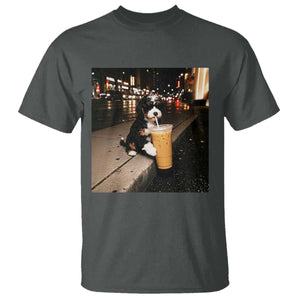 Bernedoodle Dog Drinking Iced Coffee T Shirt Funny Coffee Lover Gift for Dog Moms Dads TS10 Dark Heather Print Your Wear