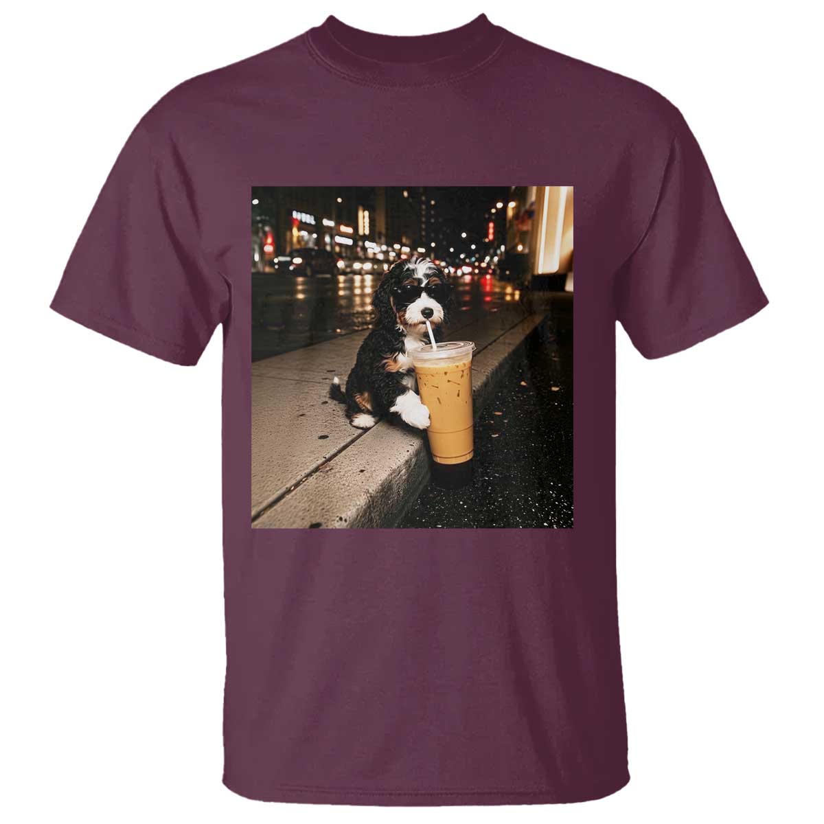 Bernedoodle Dog Drinking Iced Coffee T Shirt Funny Coffee Lover Gift for Dog Moms Dads TS10 Maroon Print Your Wear