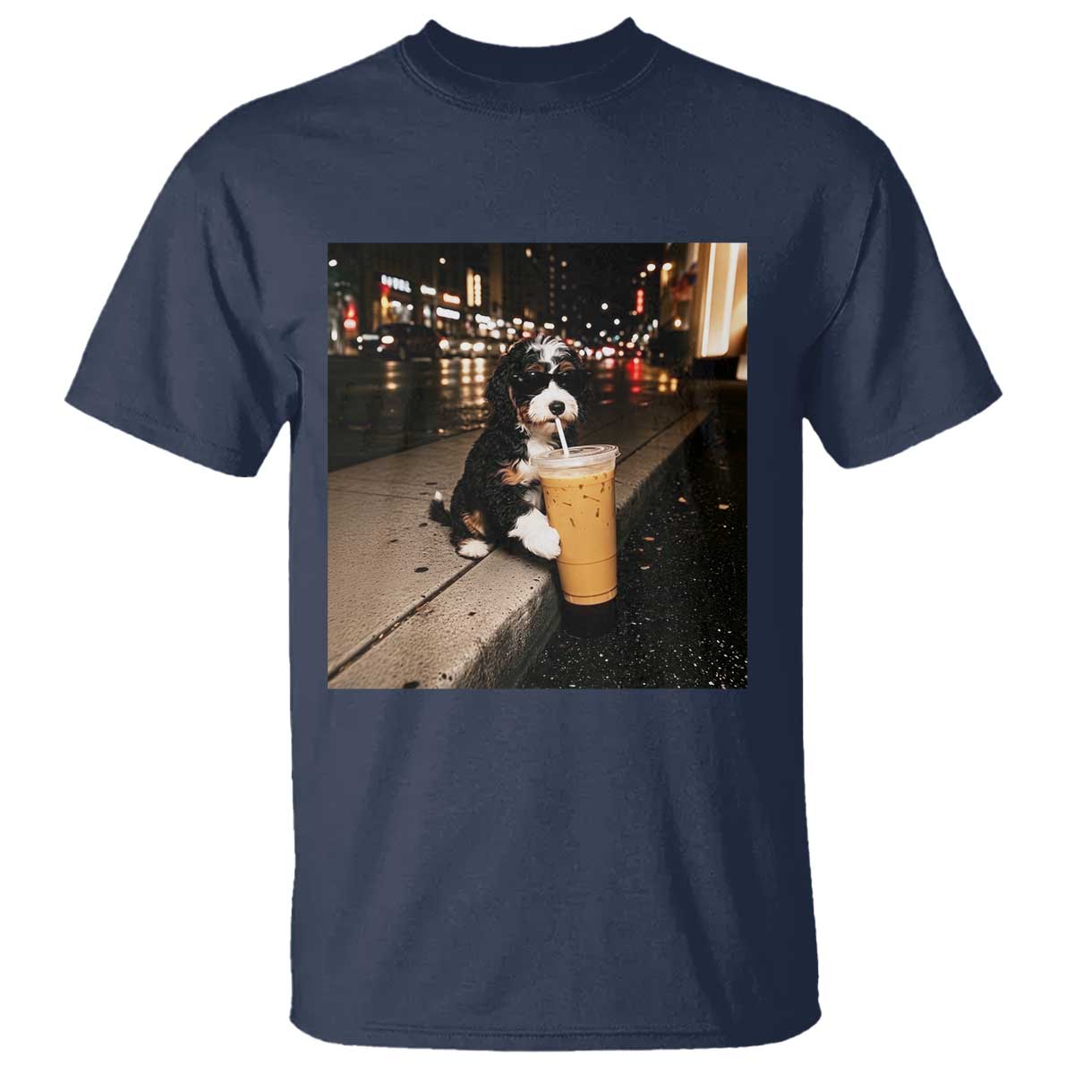 Bernedoodle Dog Drinking Iced Coffee T Shirt Funny Coffee Lover Gift for Dog Moms Dads TS10 Navy Print Your Wear