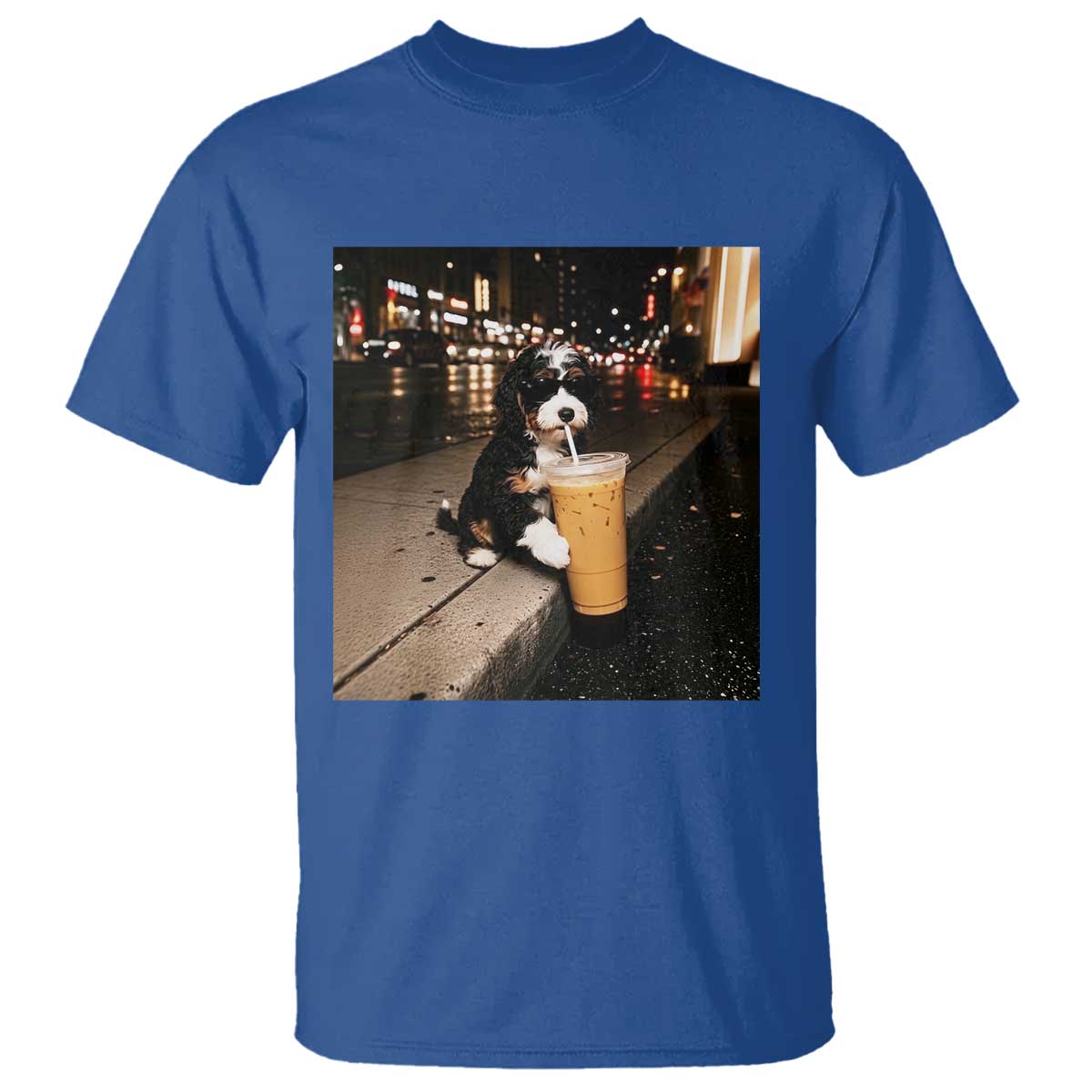 Bernedoodle Dog Drinking Iced Coffee T Shirt Funny Coffee Lover Gift for Dog Moms Dads TS10 Royal Blue Print Your Wear