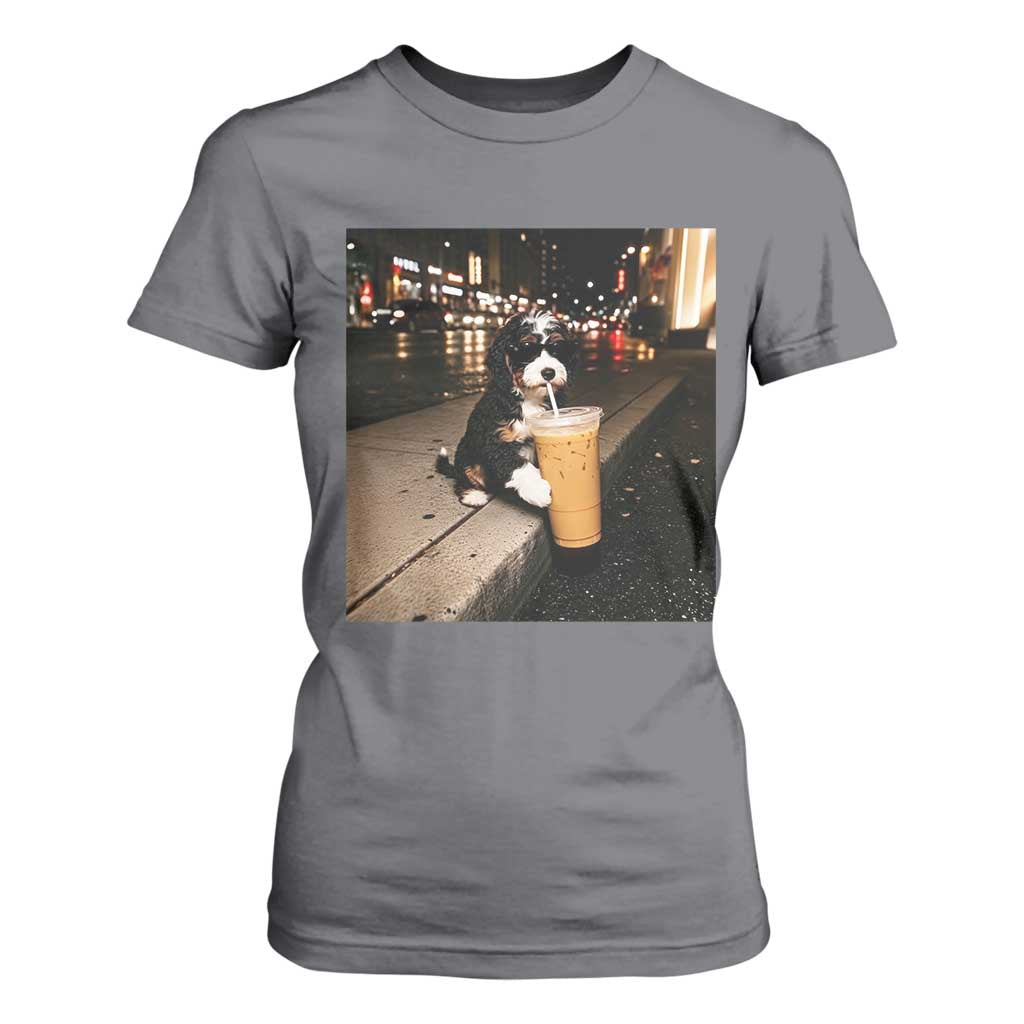 Bernedoodle Dog Drinking Iced Coffee T Shirt For Women Funny Coffee Lover Gift for Dog Moms Dads TS10 Charcoal Print Your Wear