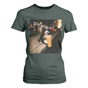 Bernedoodle Dog Drinking Iced Coffee T Shirt For Women Funny Coffee Lover Gift for Dog Moms Dads TS10 Dark Forest Green Print Your Wear