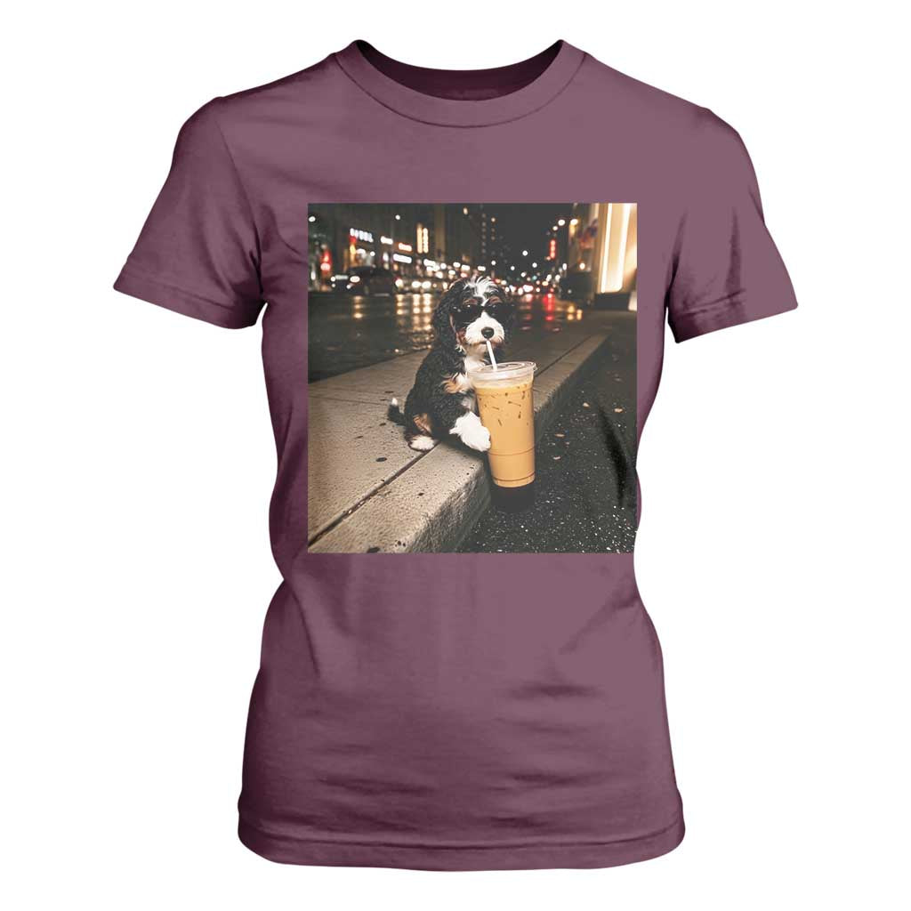Bernedoodle Dog Drinking Iced Coffee T Shirt For Women Funny Coffee Lover Gift for Dog Moms Dads TS10 Maroon Print Your Wear