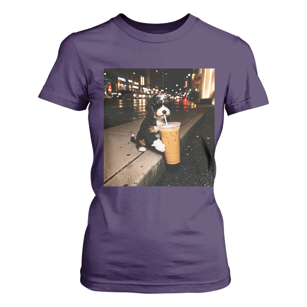 Bernedoodle Dog Drinking Iced Coffee T Shirt For Women Funny Coffee Lover Gift for Dog Moms Dads TS10 Purple Print Your Wear