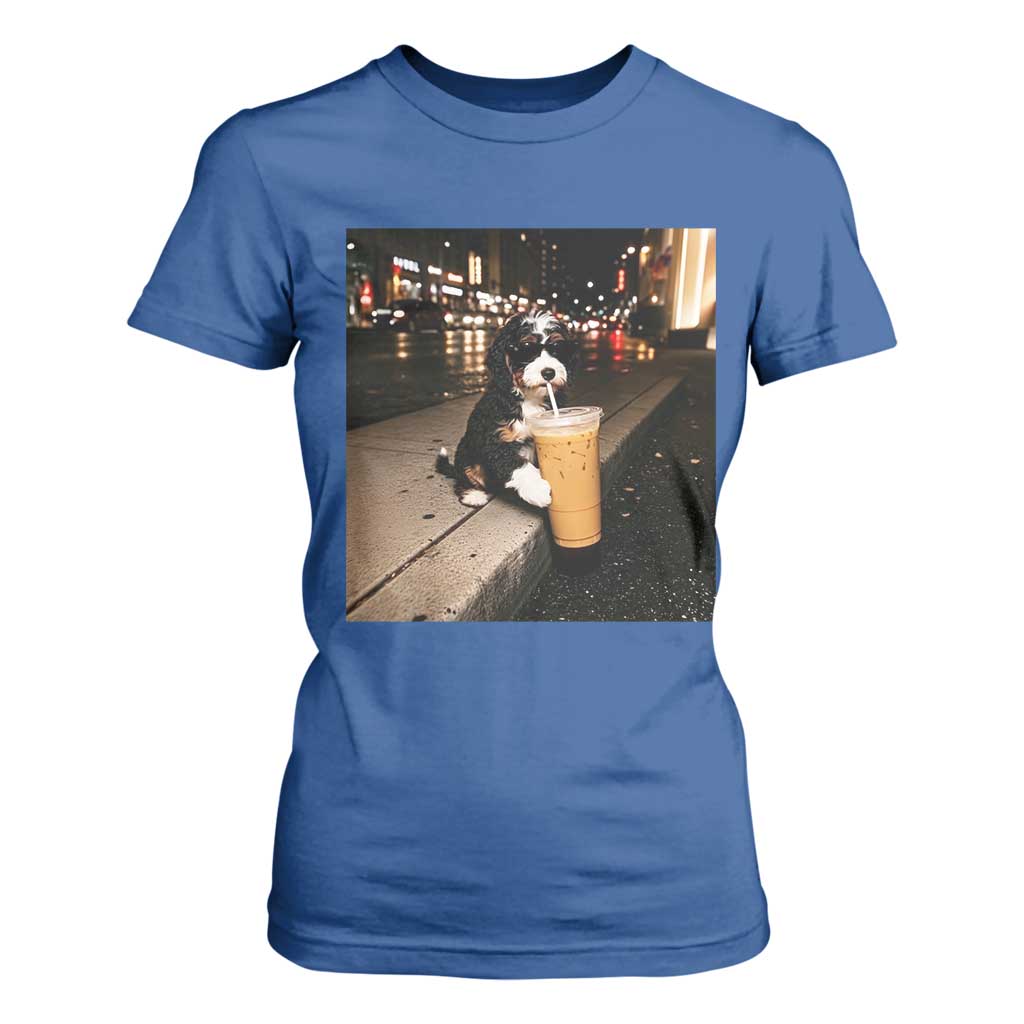 Bernedoodle Dog Drinking Iced Coffee T Shirt For Women Funny Coffee Lover Gift for Dog Moms Dads TS10 Royal Blue Print Your Wear