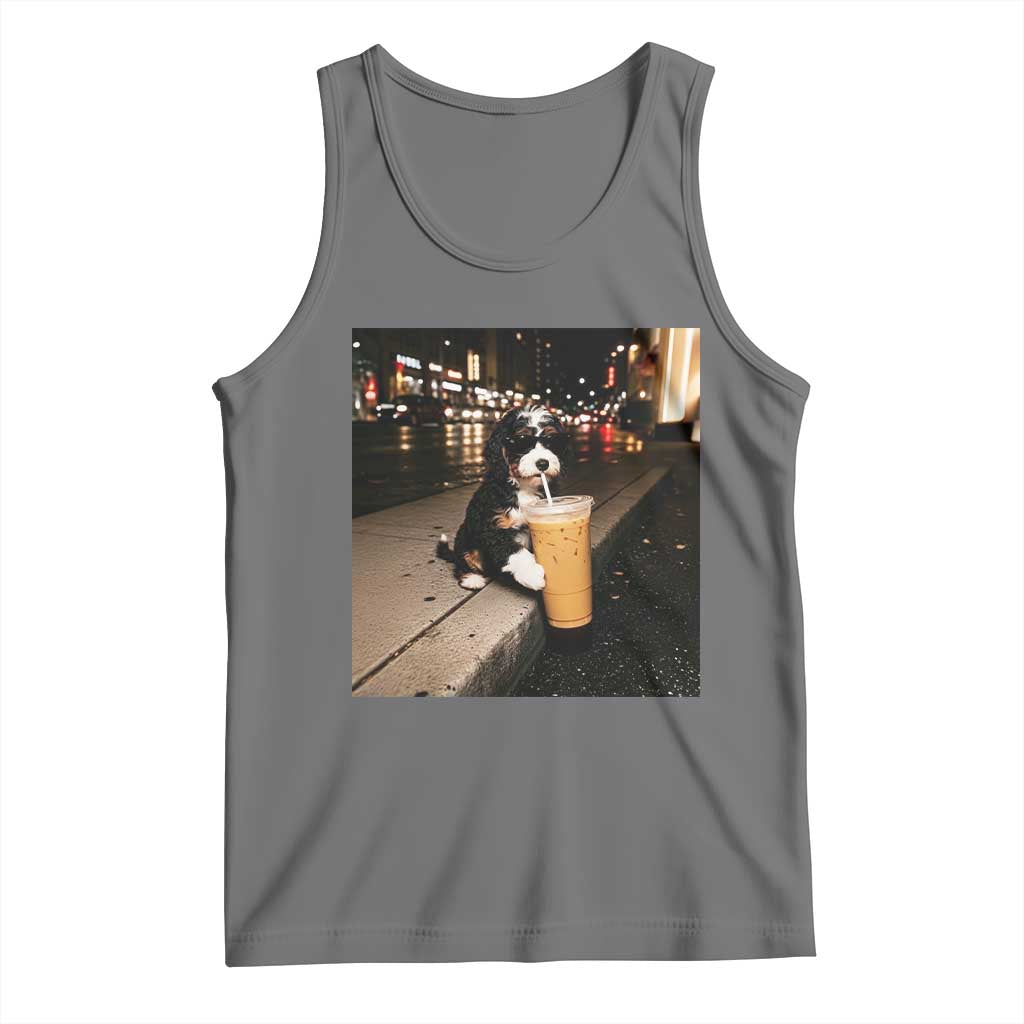 Bernedoodle Dog Drinking Iced Coffee Tank Top Funny Coffee Lover Gift for Dog Moms Dads TS10 Black Heather Print Your Wear