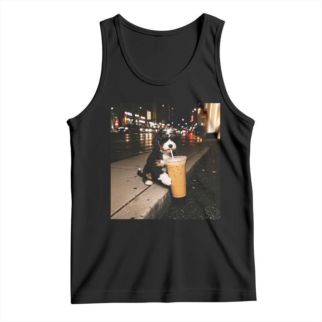 Bernedoodle Dog Drinking Iced Coffee Tank Top Funny Coffee Lover Gift for Dog Moms Dads TS10 Black Print Your Wear