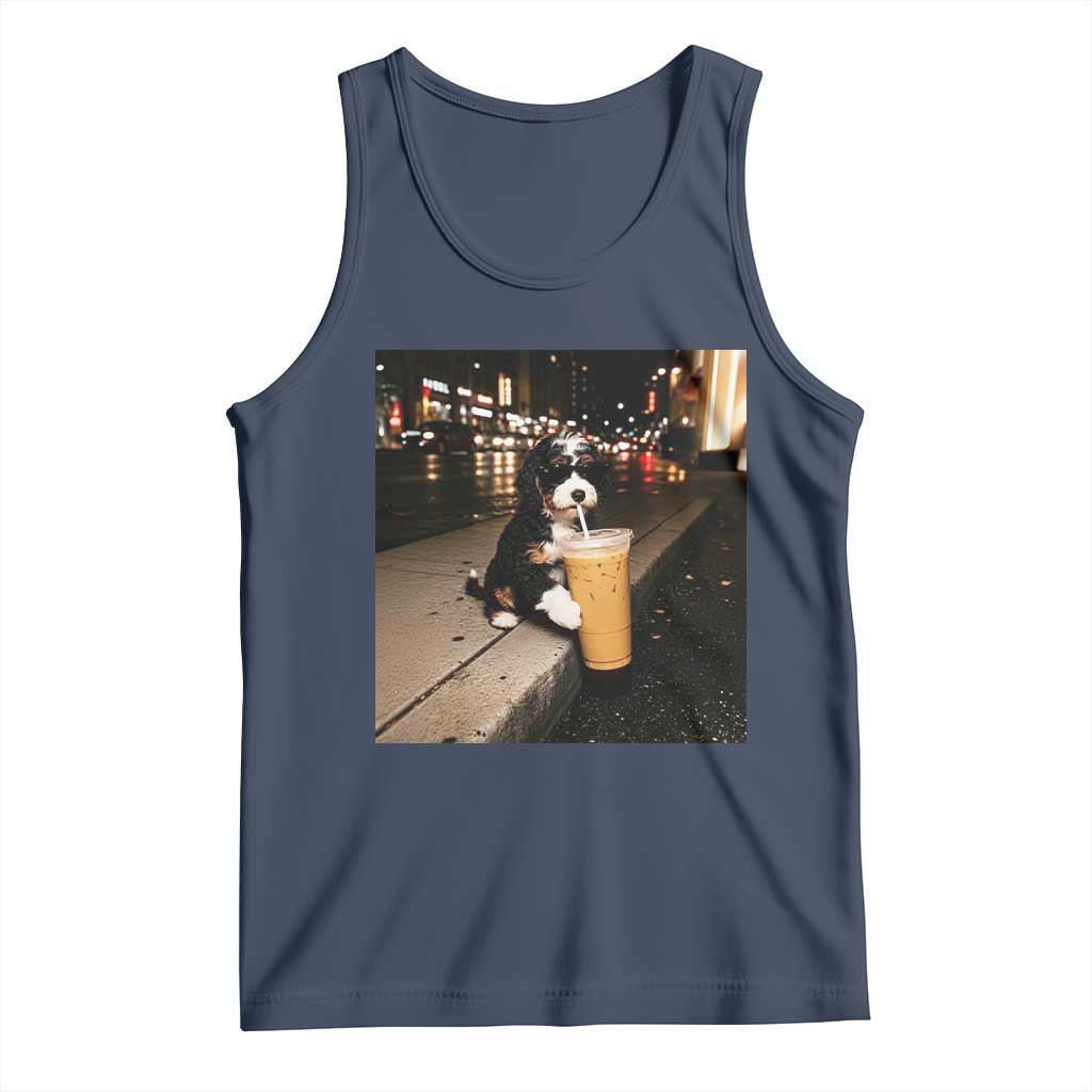Bernedoodle Dog Drinking Iced Coffee Tank Top Funny Coffee Lover Gift for Dog Moms Dads TS10 Navy Print Your Wear