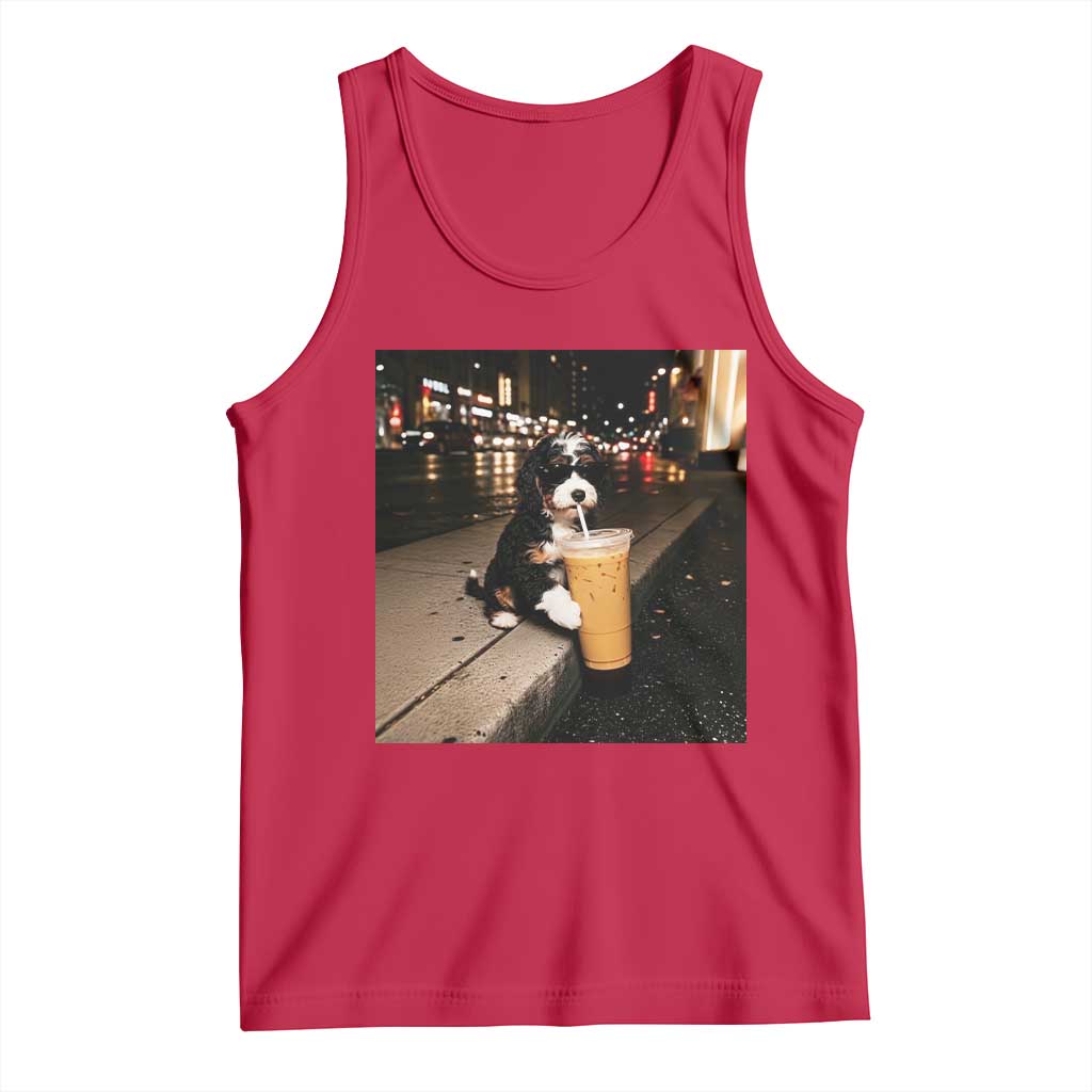 Bernedoodle Dog Drinking Iced Coffee Tank Top Funny Coffee Lover Gift for Dog Moms Dads TS10 Red Print Your Wear