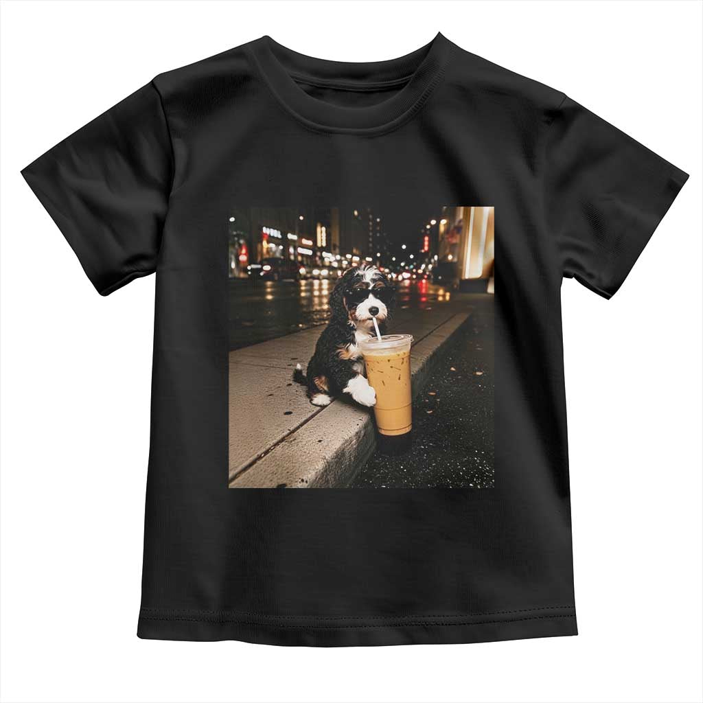 Bernedoodle Dog Drinking Iced Coffee Toddler T Shirt Funny Coffee Lover Gift for Dog Moms Dads TS10 Black Print Your Wear
