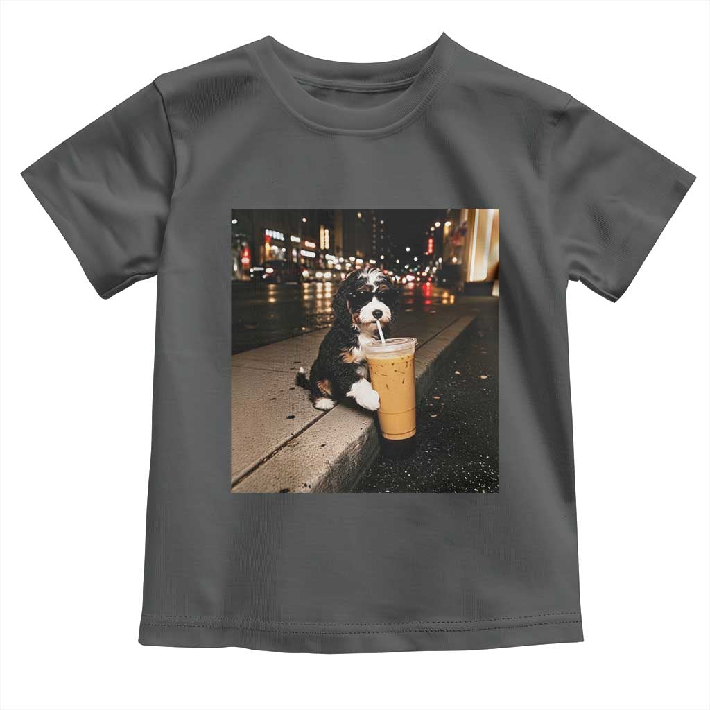 Bernedoodle Dog Drinking Iced Coffee Toddler T Shirt Funny Coffee Lover Gift for Dog Moms Dads TS10 Dark Heather Print Your Wear