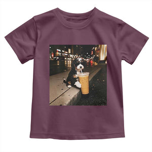 Bernedoodle Dog Drinking Iced Coffee Toddler T Shirt Funny Coffee Lover Gift for Dog Moms Dads TS10 Maroon Print Your Wear
