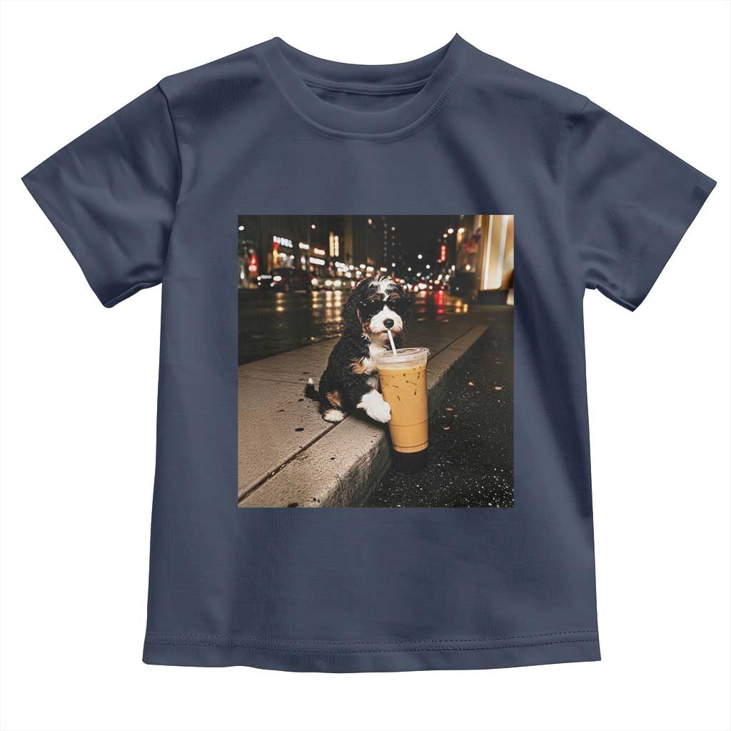 Bernedoodle Dog Drinking Iced Coffee Toddler T Shirt Funny Coffee Lover Gift for Dog Moms Dads TS10 Navy Print Your Wear