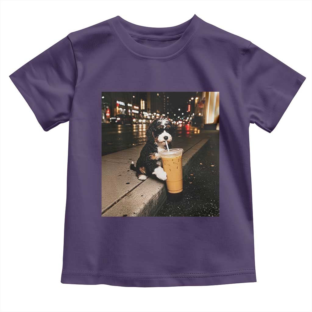 Bernedoodle Dog Drinking Iced Coffee Toddler T Shirt Funny Coffee Lover Gift for Dog Moms Dads TS10 Purple Print Your Wear