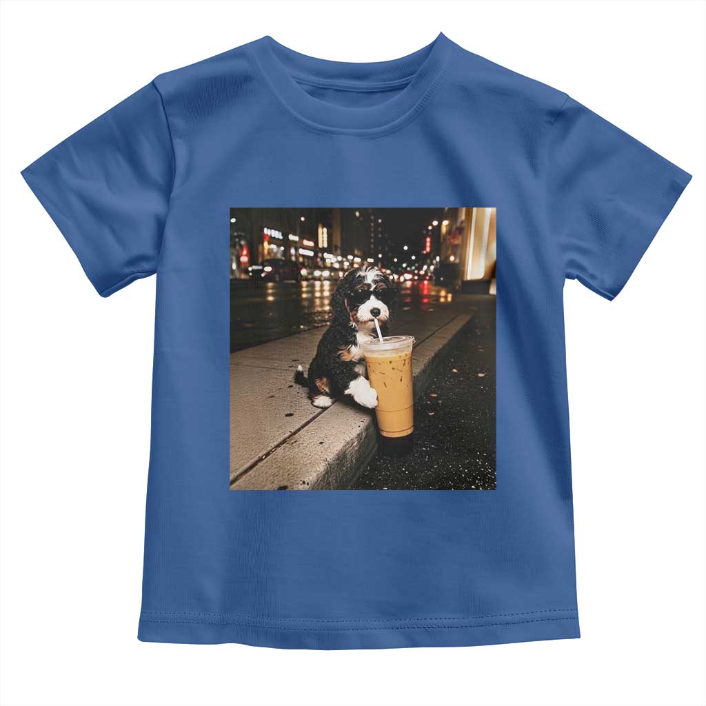 Bernedoodle Dog Drinking Iced Coffee Toddler T Shirt Funny Coffee Lover Gift for Dog Moms Dads TS10 Royal Blue Print Your Wear