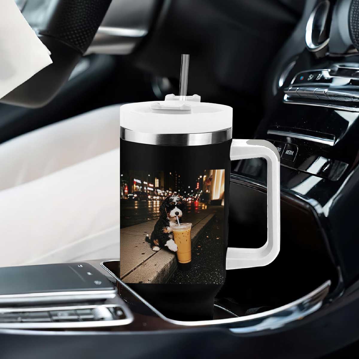 Bernedoodle Dog Drinking Iced Coffee Tumbler With Handle Funny Coffee Lover Gift for Dog Moms Dads TS10 Print Your Wear