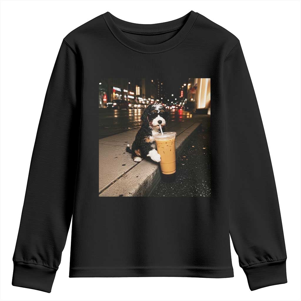 Bernedoodle Dog Drinking Iced Coffee Youth Sweatshirt Funny Coffee Lover Gift for Dog Moms Dads TS10 Black Print Your Wear