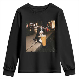 Bernedoodle Dog Drinking Iced Coffee Youth Sweatshirt Funny Coffee Lover Gift for Dog Moms Dads TS10 Black Print Your Wear
