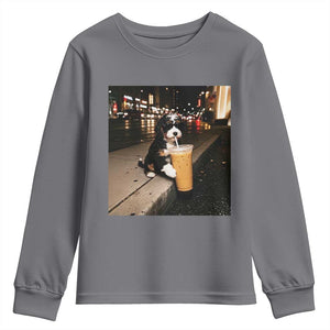 Bernedoodle Dog Drinking Iced Coffee Youth Sweatshirt Funny Coffee Lover Gift for Dog Moms Dads TS10 Charcoal Print Your Wear