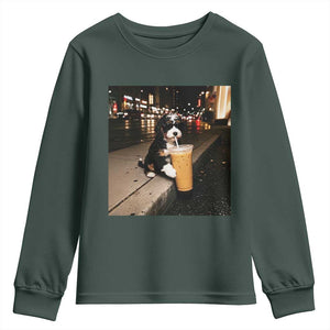 Bernedoodle Dog Drinking Iced Coffee Youth Sweatshirt Funny Coffee Lover Gift for Dog Moms Dads TS10 Dark Forest Green Print Your Wear
