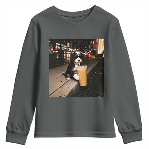 Bernedoodle Dog Drinking Iced Coffee Youth Sweatshirt Funny Coffee Lover Gift for Dog Moms Dads TS10 Dark Heather Print Your Wear
