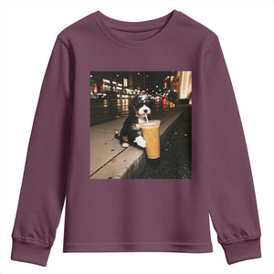 Bernedoodle Dog Drinking Iced Coffee Youth Sweatshirt Funny Coffee Lover Gift for Dog Moms Dads TS10 Maroon Print Your Wear