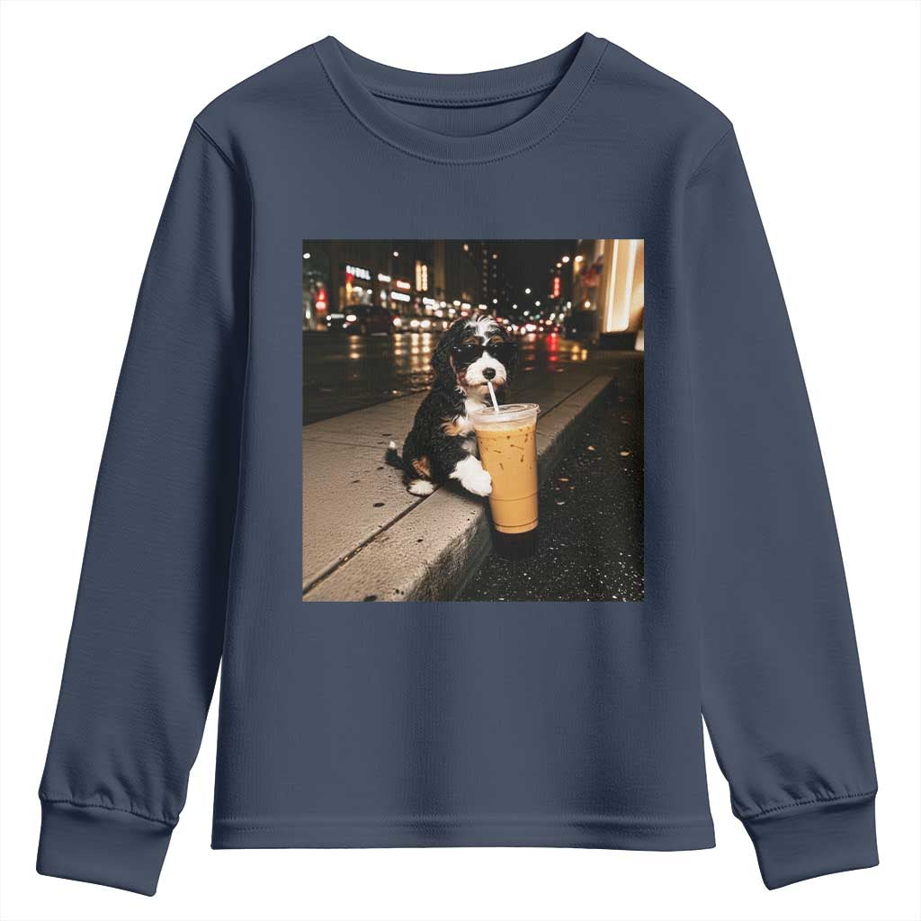 Bernedoodle Dog Drinking Iced Coffee Youth Sweatshirt Funny Coffee Lover Gift for Dog Moms Dads TS10 Navy Print Your Wear