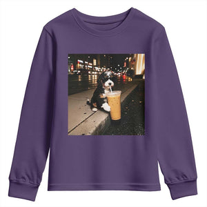 Bernedoodle Dog Drinking Iced Coffee Youth Sweatshirt Funny Coffee Lover Gift for Dog Moms Dads TS10 Purple Print Your Wear