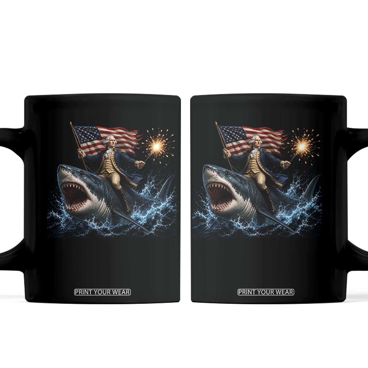 George Washington Riding Shark Coffee Mug Funny 4th Of July Independence Day 1776 Meme American Flag